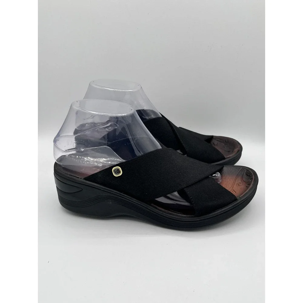 Bzees Desire Women Sz 9M Black Stretch Fabric Crisscross Wedge Slide Sandals